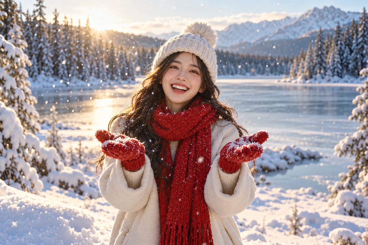 伸出双手去接雪花，逆光里每一片都在发亮。