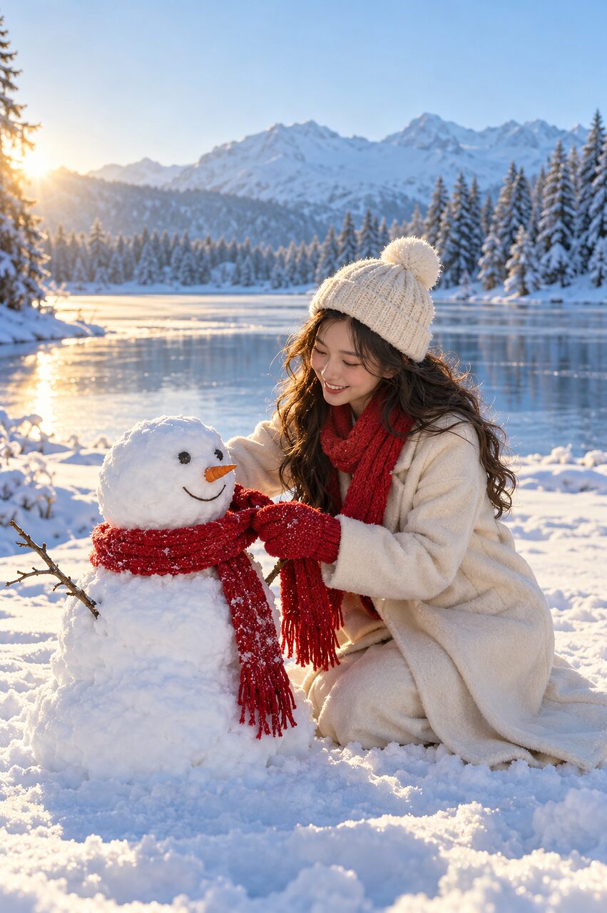 蹲下来，把红围巾系在刚堆好的小雪人身上。