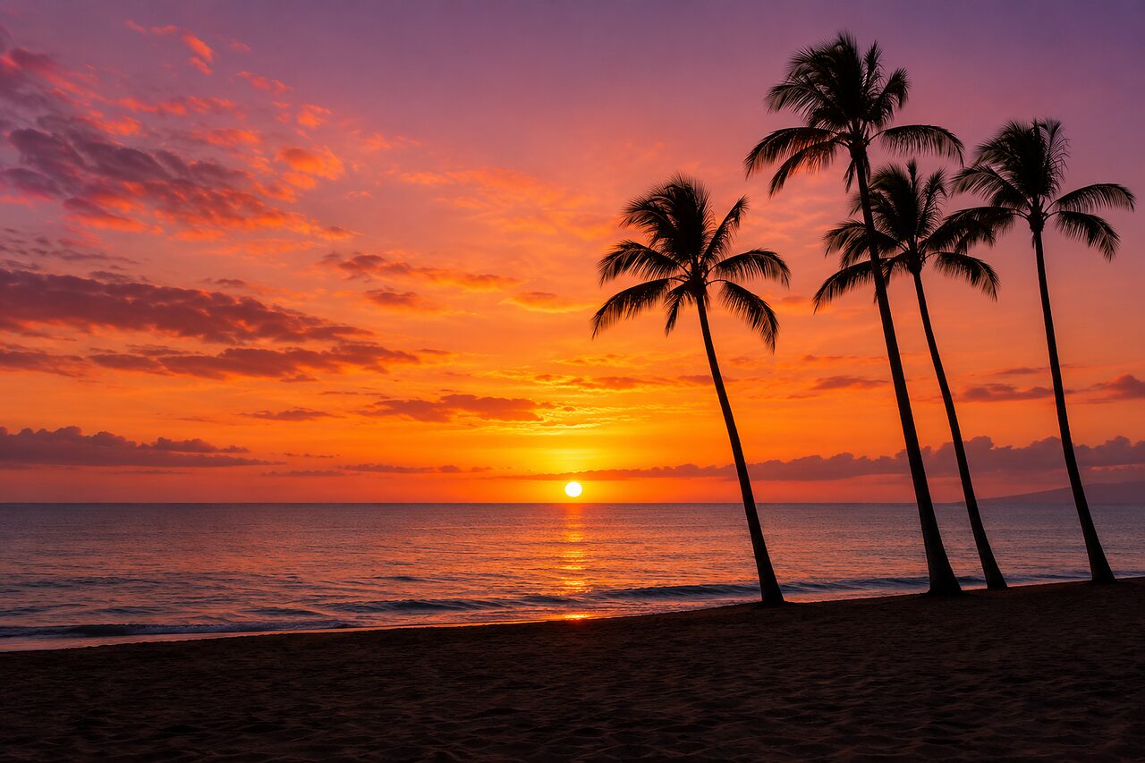 An orange and pink afterglow fills the sky behind four palms at the water's edge.