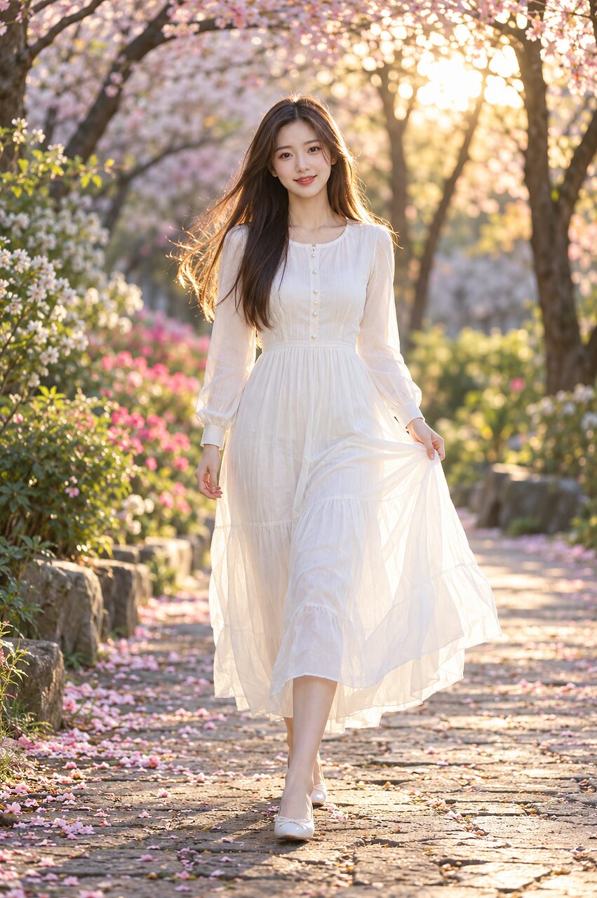 Down the petal-strewn path, the hem lifting a little in the breeze.