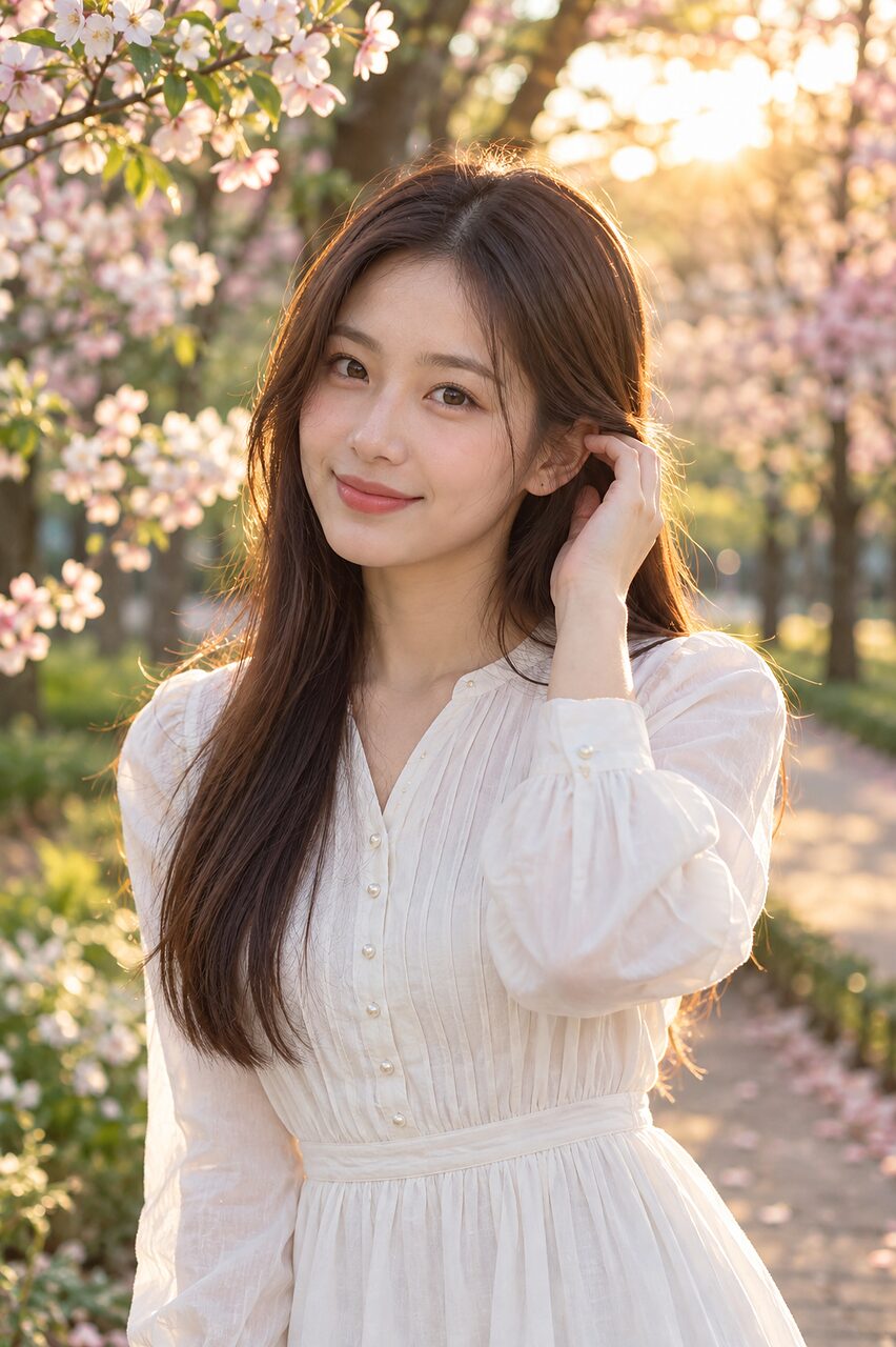A pause to tuck her hair behind one ear, the backlight gilding its ends.