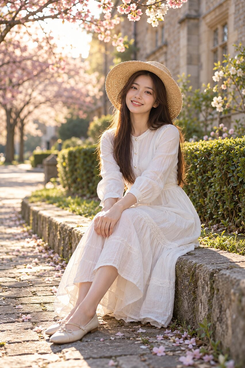 A rest on the stone kerb beside the path, straw hat pushed back.