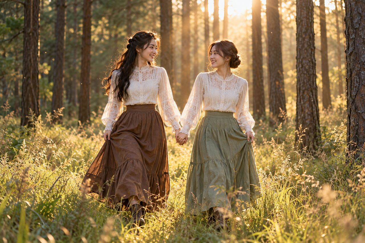 Hand in hand through the tall grass, with warm backlight on every side.