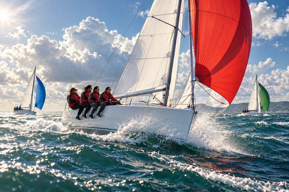 The windiest race: four crew sit side by side on the high rail and hold the heeling boat down with their weight.