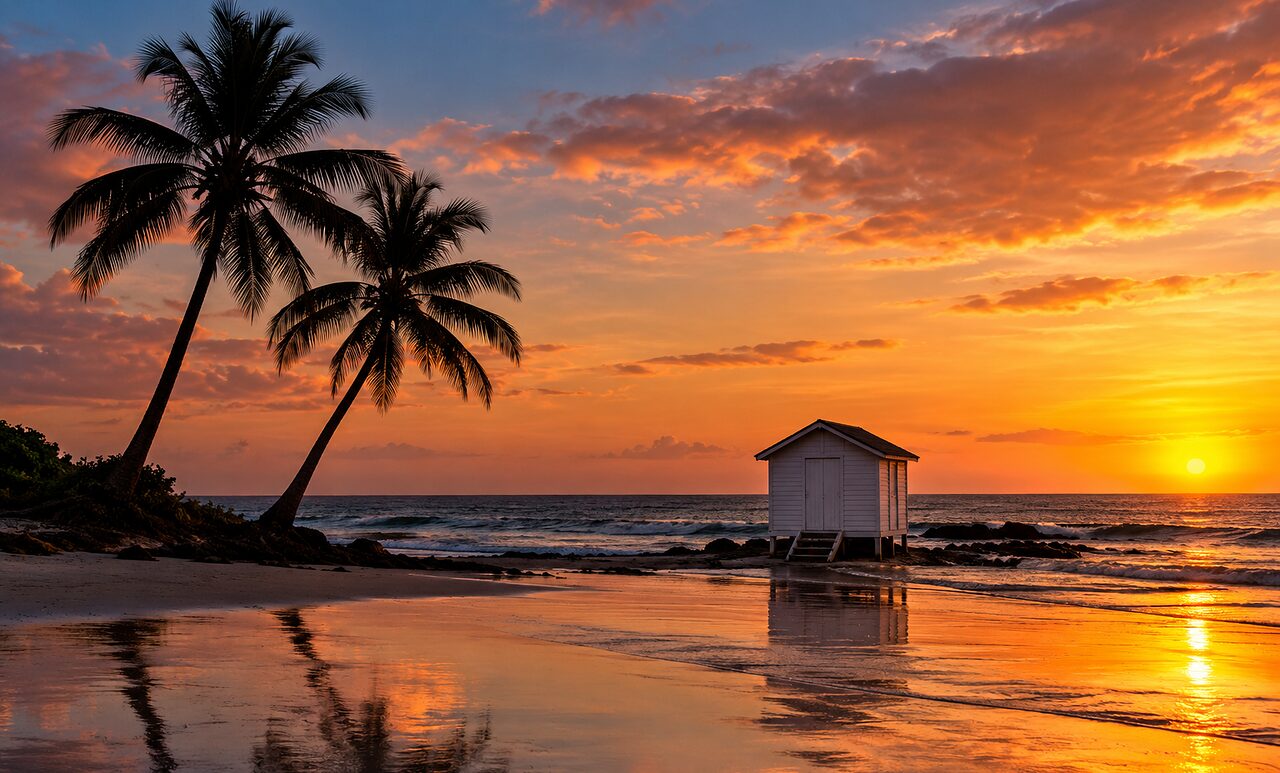 The sun rests on the sea and warms a small white wooden hut on the sand.