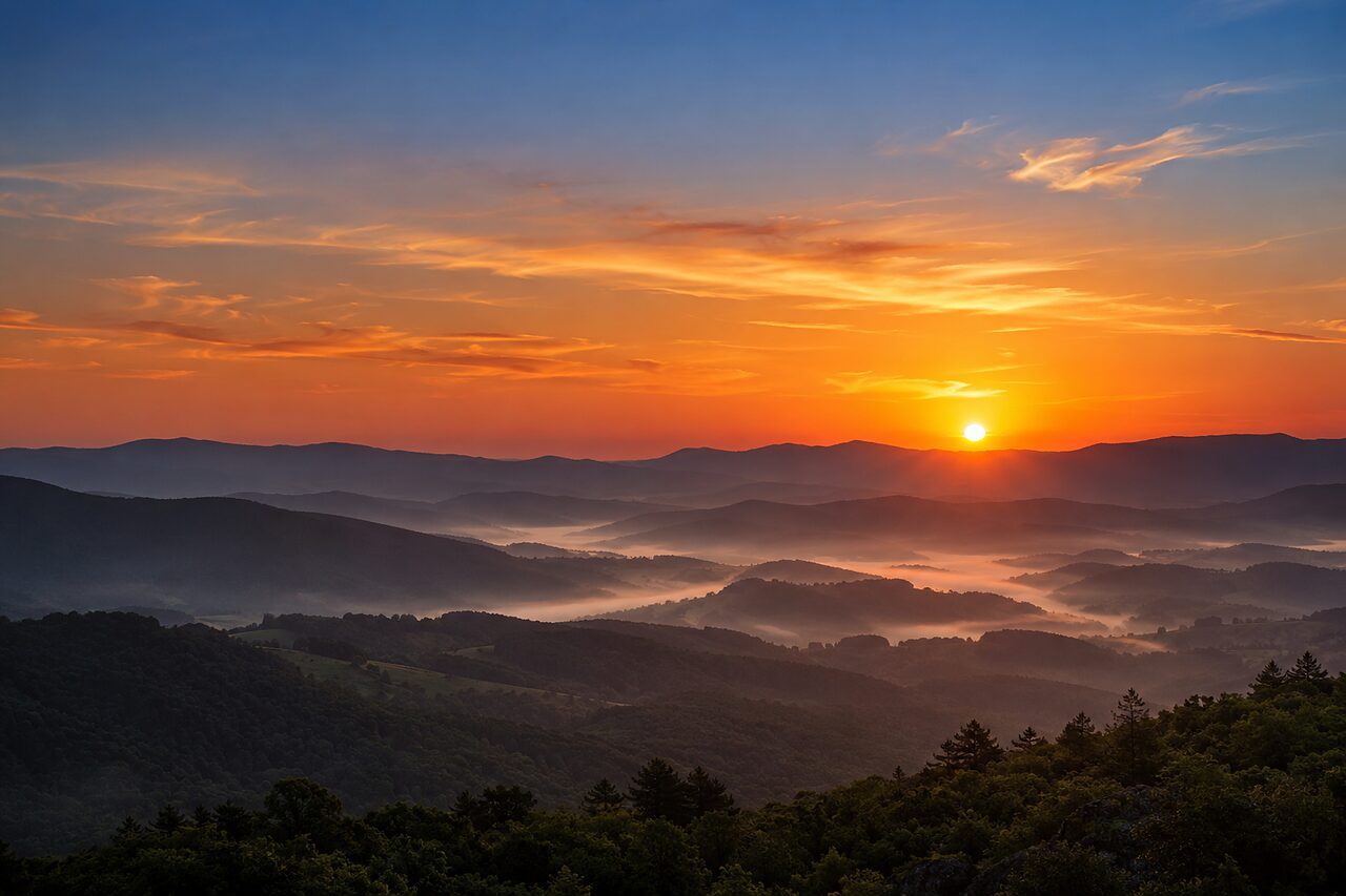The sun sinks towards far hills, with thin mist lying between the layered ridges.