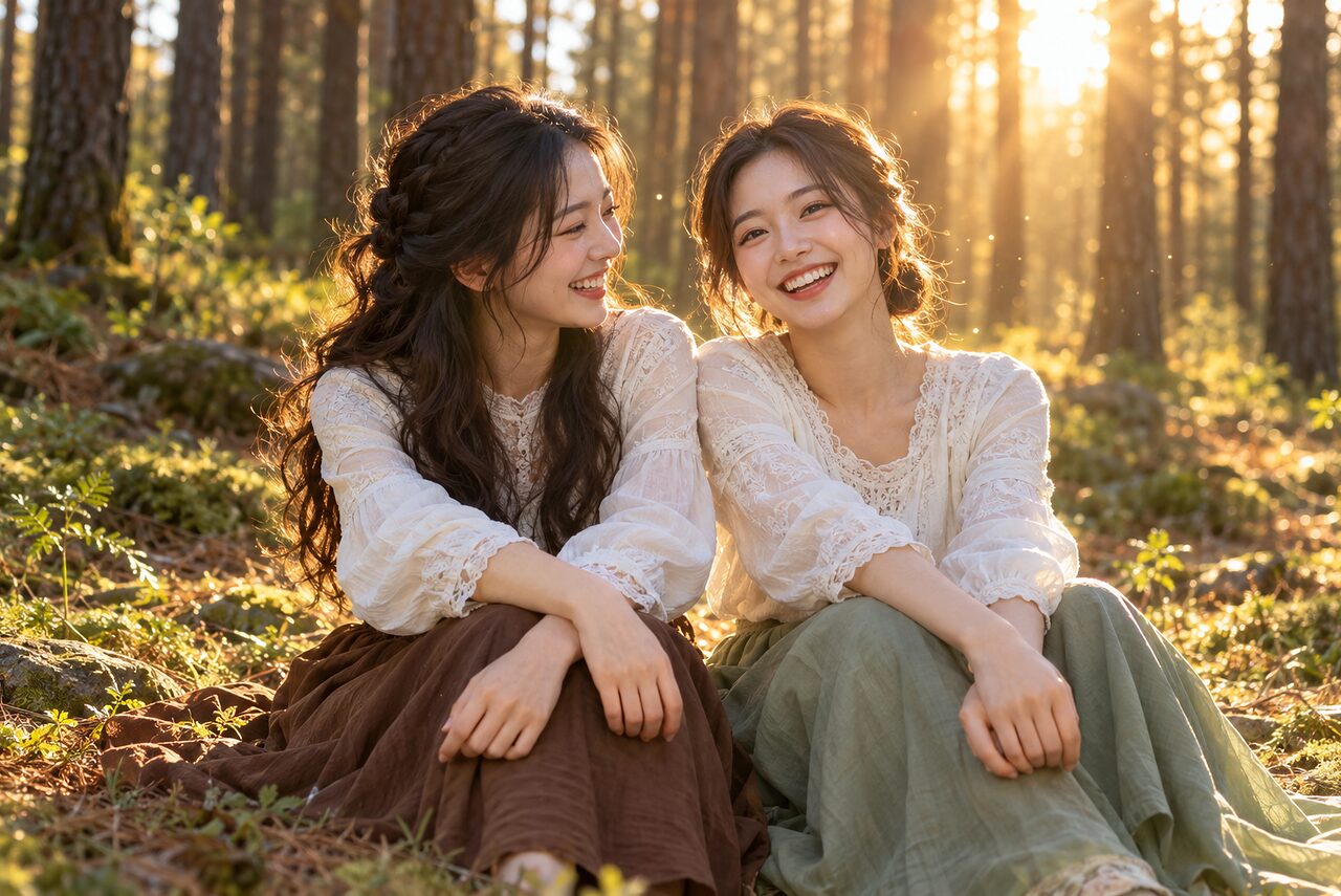 Side by side in the clearing, laughing, the low sun edging their hair with gold.