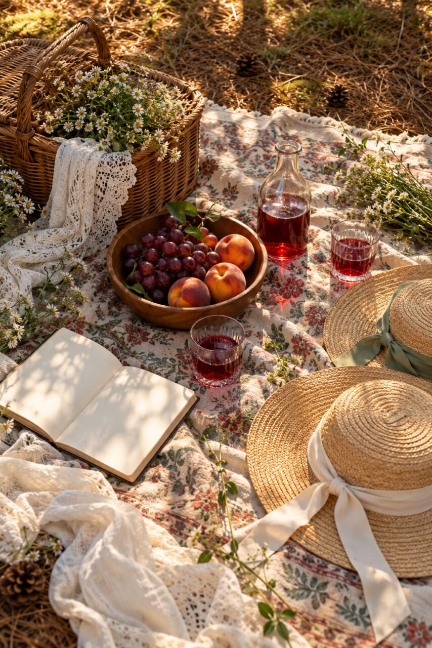 On the picnic rug: a wicker basket, fruit and an open notebook.